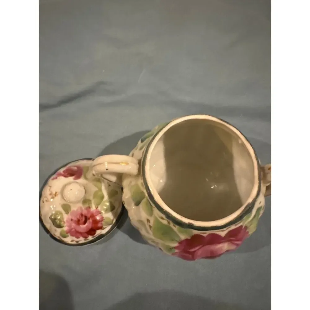 Antique Hand Painted Porcelain Lidded Sugar Bowl Pink Roses Gold Trim Victorian